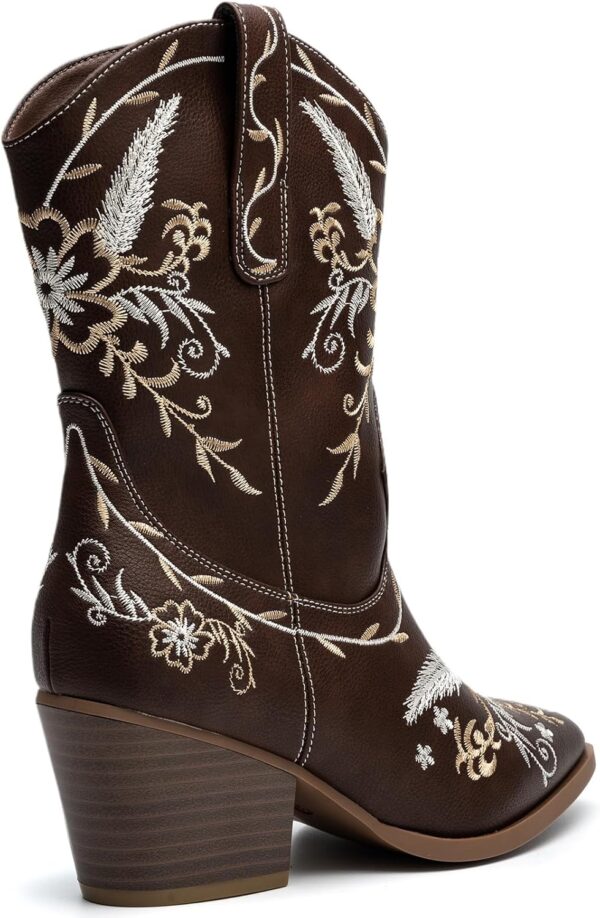 ANJOUFEMME Western Women's Cowboy Cowgirl Boots,Embroidered Round-toe Mid-calf Boots