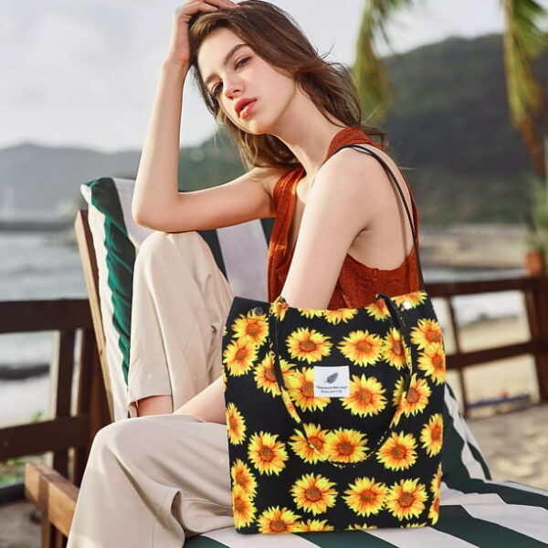 Ayieyill Corduroy Tote Bag for Women Girl Canvas Shoulder Cord Purse with Inner Pocket (Sunflowers)