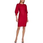 Calvin Klein Womens Red Gathered Above Knee Puff Sleeve Sheath Dress 8 BHFO 3517