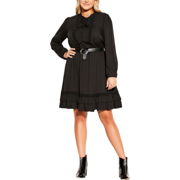 City Chic Womens Black Knee-Length Tie Neck Fit & Flare Dress Plus 22 BHFO 1565