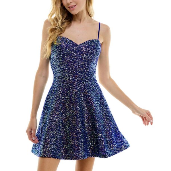 City Studio Womens Blue Sequined Mini Fit & Flare Dress Juniors 13/14 BHFO 8313