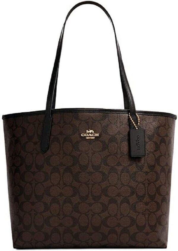 COACH WOMENS City Tote In Signature Canvas (Brown Black)