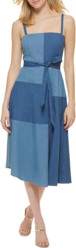 DKNY Women's Sleeveless Denim Patchwork Belted Dress