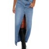 Fisoew Women's Long Denim Maxi Skirts High Waisted Frayed Hem Western Split Jean Skirt Streetwear