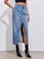 Fisoew Women's Long Denim Maxi Skirts High Waisted Frayed Hem Western Split Jean Skirt Streetwear