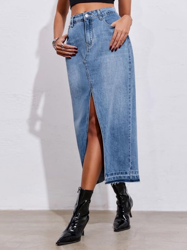 Fisoew Women's Long Denim Maxi Skirts High Waisted Frayed Hem Western Split Jean Skirt Streetwear