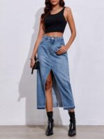 Fisoew Women's Long Denim Maxi Skirts High Waisted Frayed Hem Western Split Jean Skirt Streetwear