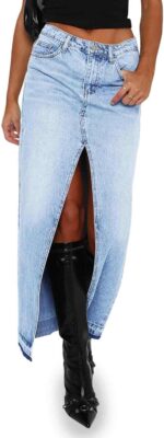 Fisoew Women's Long Denim Maxi Skirts High Waisted Frayed Hem Western Split Jean Skirt Streetwear