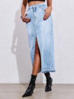 Fisoew Women's Long Denim Maxi Skirts High Waisted Frayed Hem Western Split Jean Skirt Streetwear