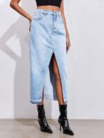 Fisoew Women's Long Denim Maxi Skirts High Waisted Frayed Hem Western Split Jean Skirt Streetwear