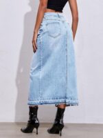 Fisoew Women's Long Denim Maxi Skirts High Waisted Frayed Hem Western Split Jean Skirt Streetwear