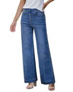 GRAPENT Pull On Womens Jeans Baggy Stretchy High Waisted Denim Wide Leg Trouser Pants Trendy Front Seam 90s Loose Jean