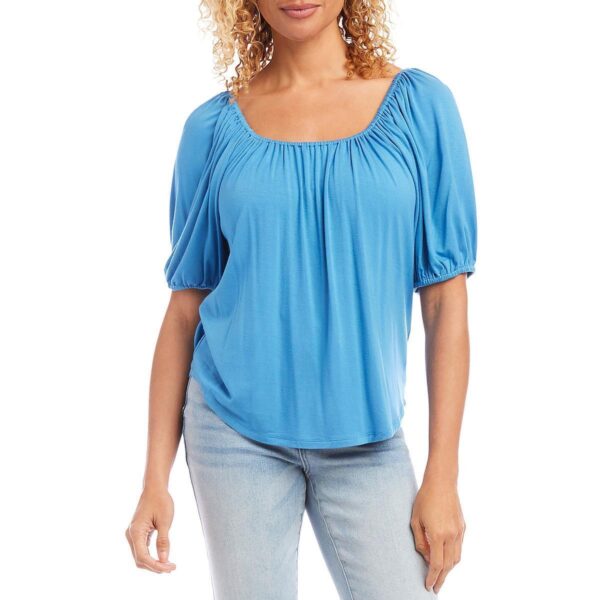 Karen Kane Womens Blue Square Neckline Elbow Sleeve Soft Peasant Top L BHFO 9056