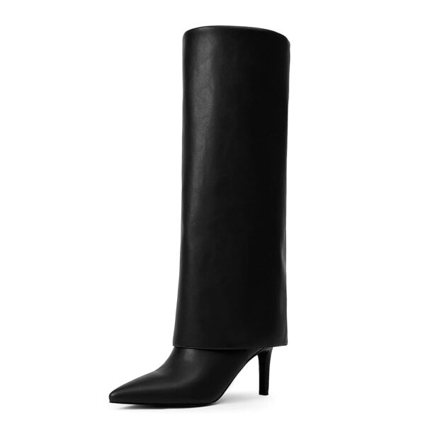 Knee High Boots Women Fold Over Boots Pointed Toe Stiletto Heel Tall Slouchy Boots Zipper Dress Long Shark Boots