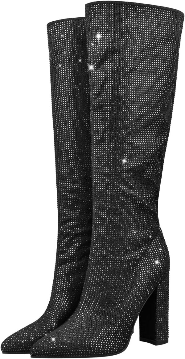 LISHAN Women's Bling bling Heel Knee High Boots Rhinestone Chunky Block Heel Pull on Shoes