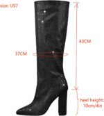 LISHAN Women's Bling bling Heel Knee High Boots Rhinestone Chunky Block Heel Pull on Shoes