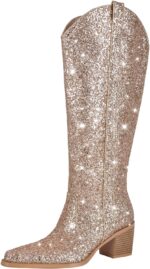 LISHAN Women's Bling bling Heel Knee High Boots Rhinestone Chunky Block Heel Pull on Shoes