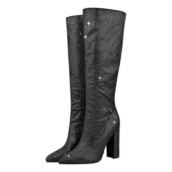 LISHAN Women's Bling bling Heel Knee High Boots Rhinestone Chunky Block Heel Pull on Shoes