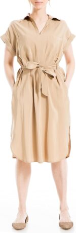 Max Studio Women's Tab Short Sleeve V-Neck Collar Dress with Waist Tie Detail