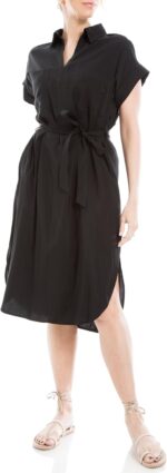 Max Studio Women's Tab Short Sleeve V-Neck Collar Dress with Waist Tie Detail