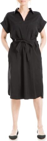 Max Studio Women's Tab Short Sleeve V-Neck Collar Dress with Waist Tie Detail