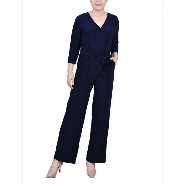 NY Collection Womens Solid Wide Leg Surplice Jumpsuit Petites BHFO 2464