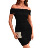 Okiwam Women's Summer Off Shoulder Ruched Bodycon Dress Sleeveless Party Club Cocktail Short Dresses