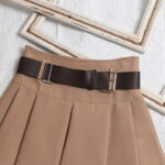 Prolriy Pleated Skirts for Women with Belt Pleated Half Skirt Short Skirt High Waist A-Line Umbrella Skirt Half Skirt Women's Skirts Khaki M