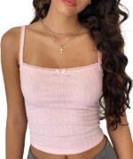 RUEWEY Women's Y2k Lace Trim Bow Front Slim Fit Crop Tops Vintage Spaghetti Strap Camisole Tank Tops