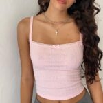 RUEWEY Women's Y2k Lace Trim Bow Front Slim Fit Crop Tops Vintage Spaghetti Strap Camisole Tank Tops