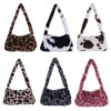 Soft Faux Fur Mini Shoulder Bag Plush Underarm Handbag Cow Print Leopard Print