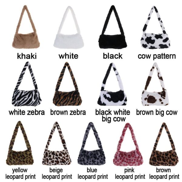 Soft Faux Fur Mini Shoulder Bag Plush Underarm Handbag Cow Print Leopard Print