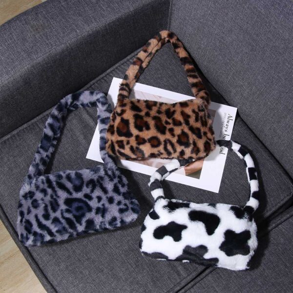 Soft Faux Fur Mini Shoulder Bag Plush Underarm Handbag Cow Print Leopard Print