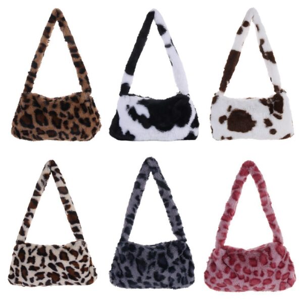 Soft Faux Fur Mini Shoulder Bag Plush Underarm Handbag Cow Print Leopard Print