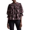 Ted Baker Womens Black Floral Print Puff Sleeve Tiered Blouse 4 BHFO 5510