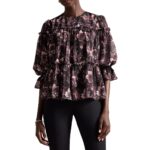 Ted Baker Womens Black Floral Print Puff Sleeve Tiered Blouse 4 BHFO 5510