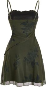 Verdusa Women's Lettuce Trim Floral Print Mesh Sleeveless A Line Short Cami Dress