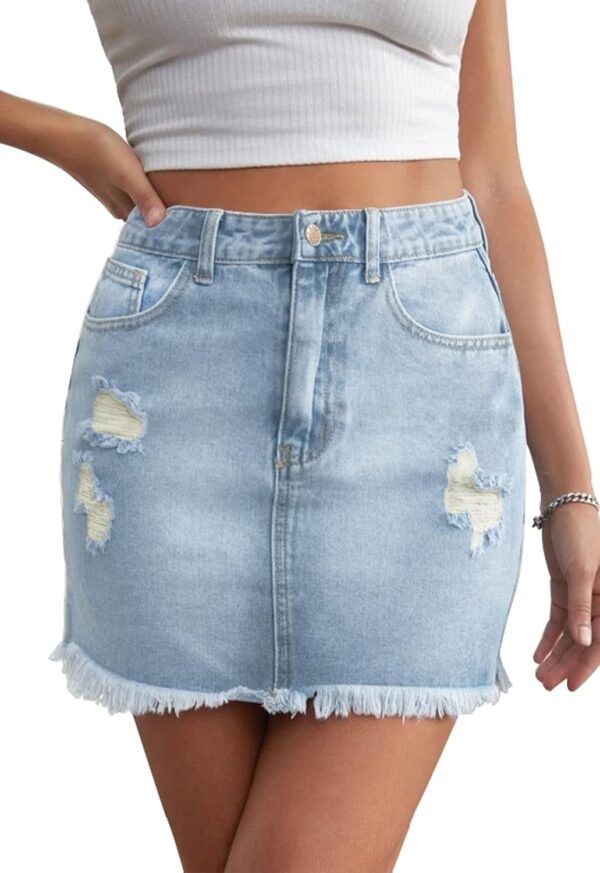 Women’s Bodycon Denim Mini Skirt High Waist Casual Washed Frayed Stretchy Jean Skirts with Pocket for Women