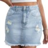 Women’s Bodycon Denim Mini Skirt High Waist Casual Washed Frayed Stretchy Jean Skirts with Pocket for Women