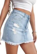 Women’s Bodycon Denim Mini Skirt High Waist Casual Washed Frayed Stretchy Jean Skirts with Pocket for Women