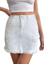 Women’s Bodycon Denim Mini Skirt High Waist Casual Washed Frayed Stretchy Jean Skirts with Pocket for Women