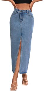 Women's High Waist Maxi Denim Skirt Front Split Frayed Raw Hem A line Casual Long Jean Skirt.