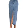 Women's High Waist Maxi Denim Skirt Front Split Frayed Raw Hem A line Casual Long Jean Skirt.