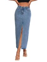 Women's High Waist Maxi Denim Skirt Front Split Frayed Raw Hem A line Casual Long Jean Skirt.