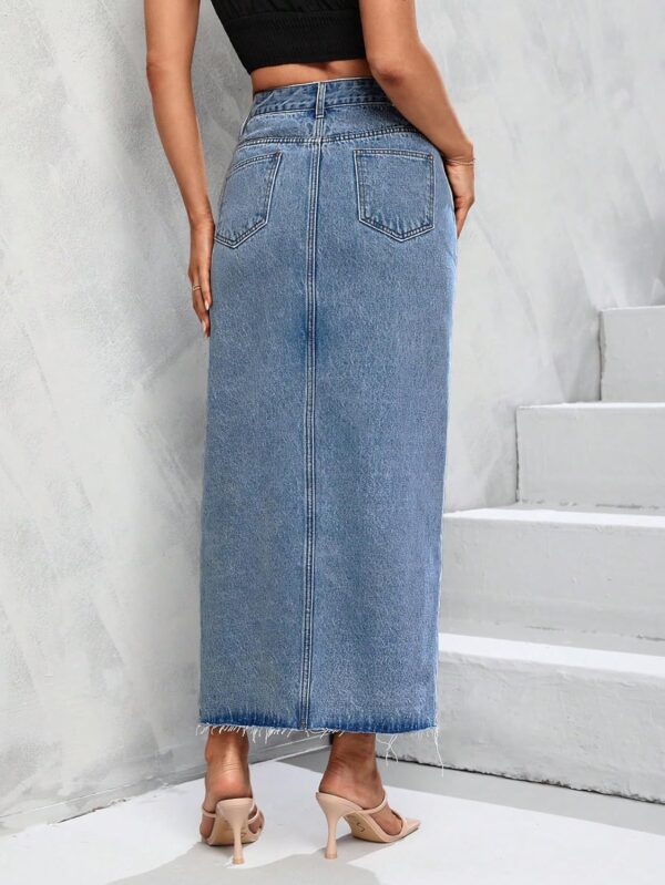 Women's High Waist Maxi Denim Skirt Front Split Frayed Raw Hem A line Casual Long Jean Skirt.