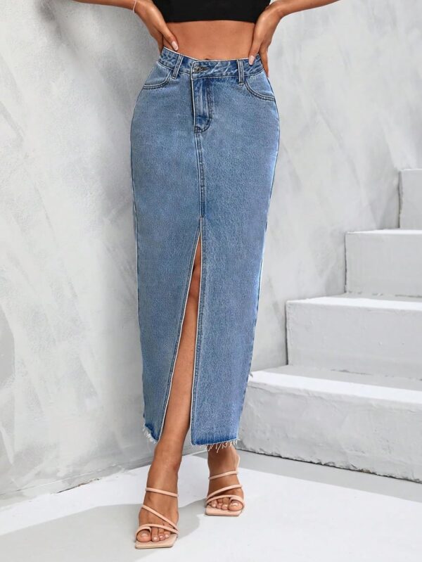 Women's High Waist Maxi Denim Skirt Front Split Frayed Raw Hem A line Casual Long Jean Skirt.