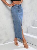 Women's High Waist Maxi Denim Skirt Front Split Frayed Raw Hem A line Casual Long Jean Skirt.