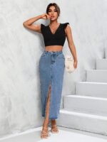 Women's High Waist Maxi Denim Skirt Front Split Frayed Raw Hem A line Casual Long Jean Skirt.