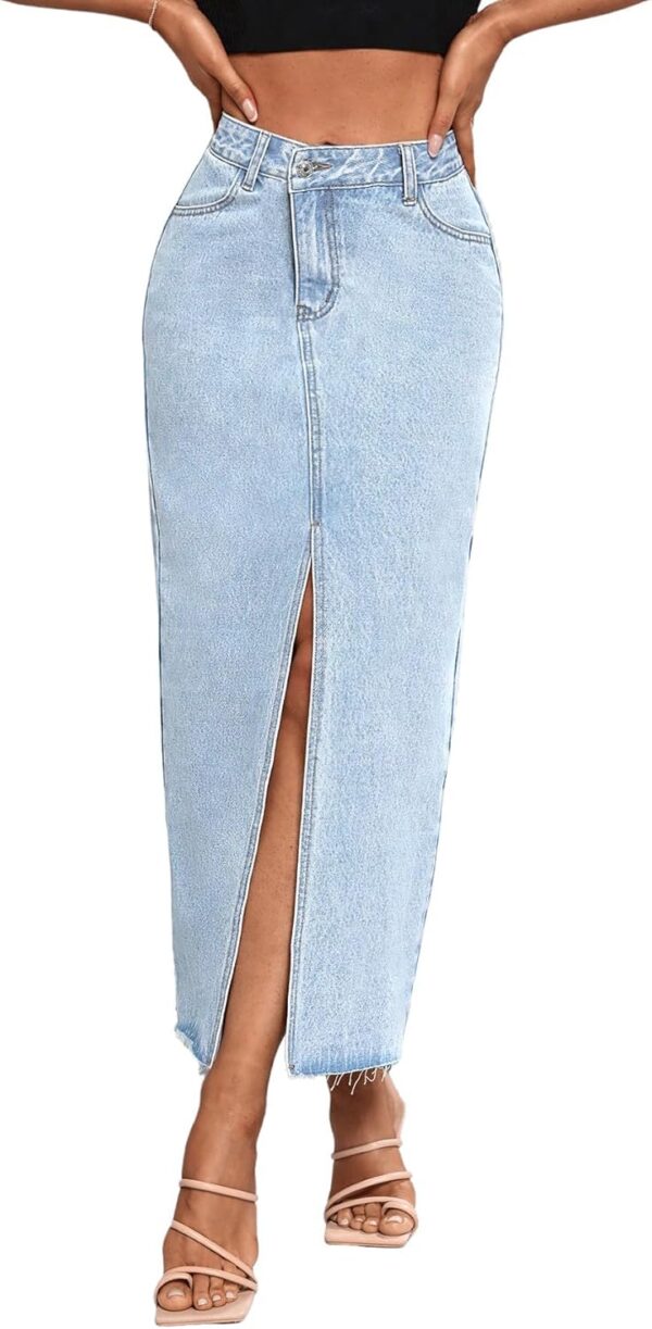 Women's High Waist Maxi Denim Skirt Front Split Frayed Raw Hem A line Casual Long Jean Skirt.