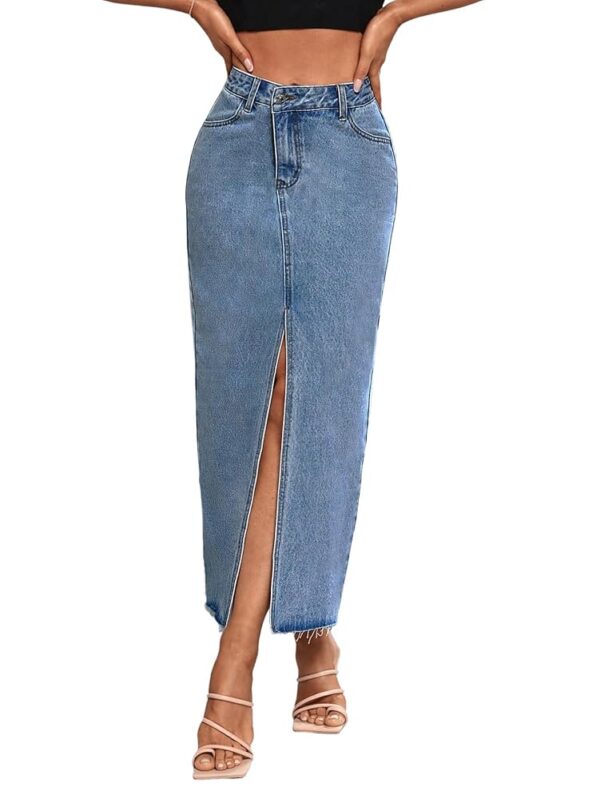 Women's High Waist Maxi Denim Skirt Front Split Frayed Raw Hem A line Casual Long Jean Skirt.